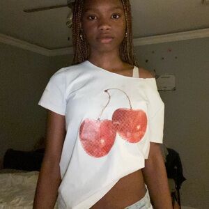 White with red cherry streetwear t shirt